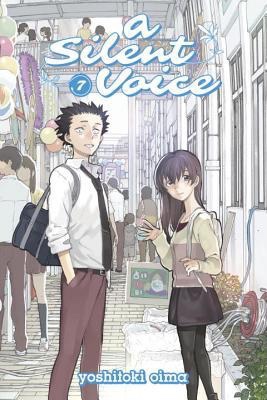 An image of the manga "A Silent Voice, Volume 7" by Yoshitoki Oima. A teen boy with spiky black hair, a nice white shirt and tie with dress pants on stands next to a teen girl with long hair, white shirt and a black skirt with tights stand together and wave.