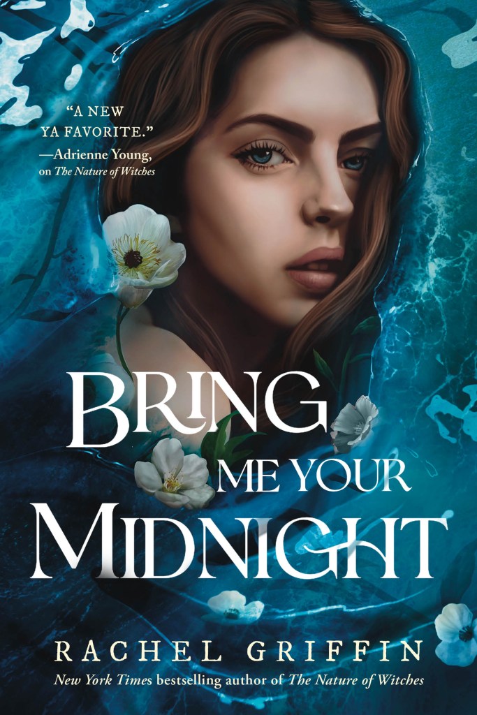 Cover of Bring Me Your Midnight by Rachel Griffin. A young woman with auburn hair's face sticks out of water that is surrounded by white flowers with a yellow and black center.